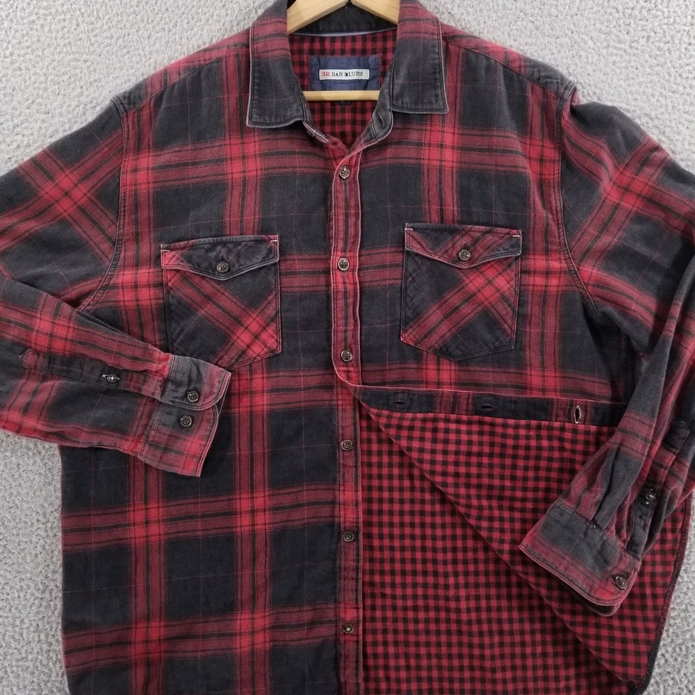 32 Bar Blues Shirt Mens Large Black Plaid Double Wall Layer Buffalo Check Plaid